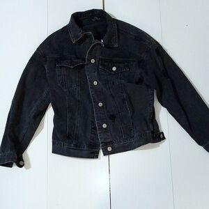Streetwear society black denim jacket  distressed. Woman xs fit small